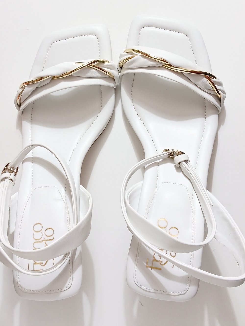 Franco Sarto White Square-Toe Sandals with Gold Twist Accent